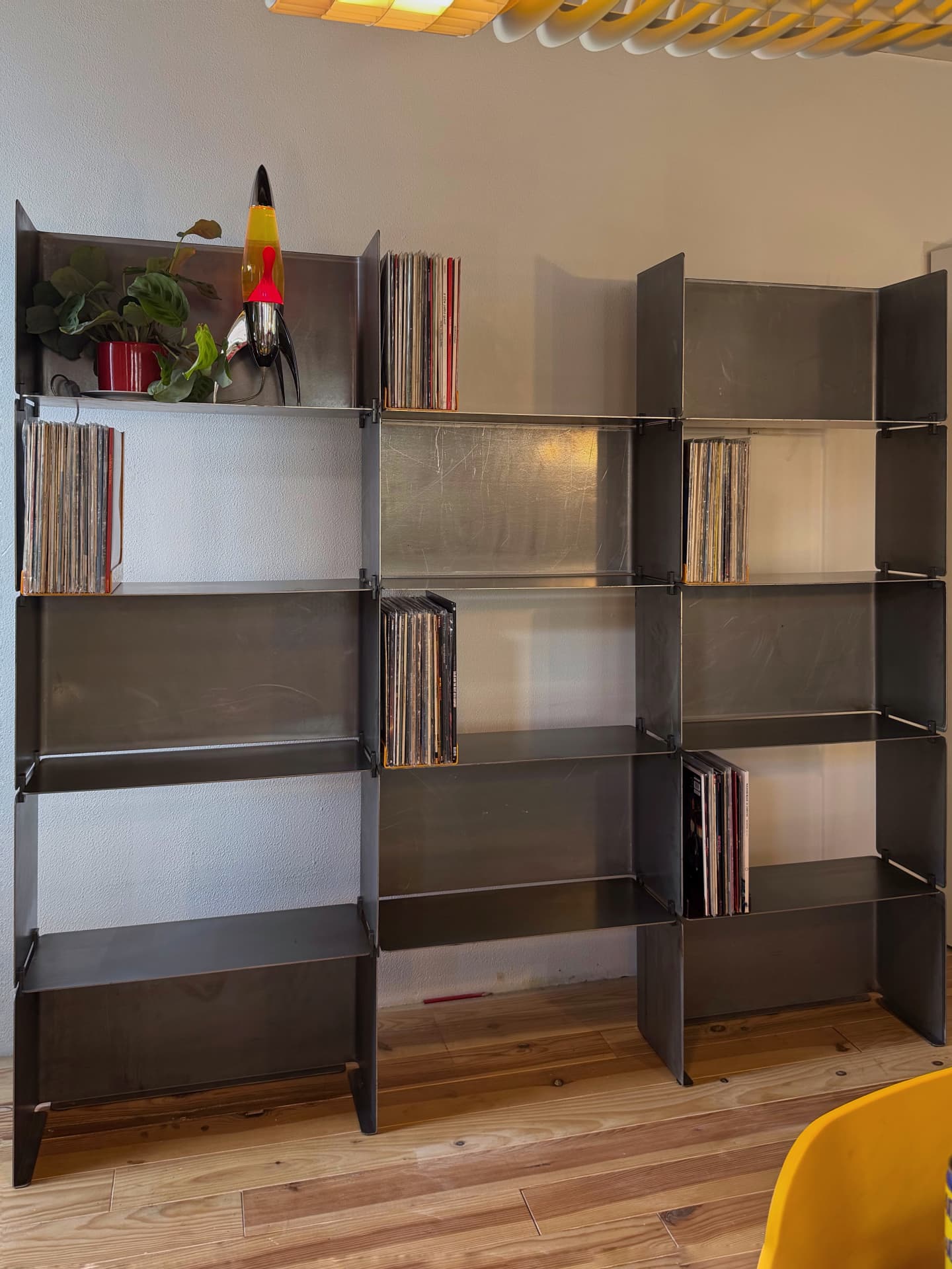 The shelving system holding records, a plant and a lava lamp